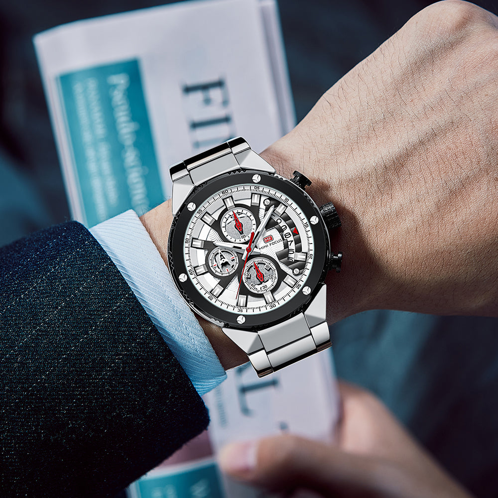 Mini Focus MF0397G.01 Exquisite Skeleton Chronograph – Silver Open-Heart Dial with Scarlet Accents & Steel Majesty