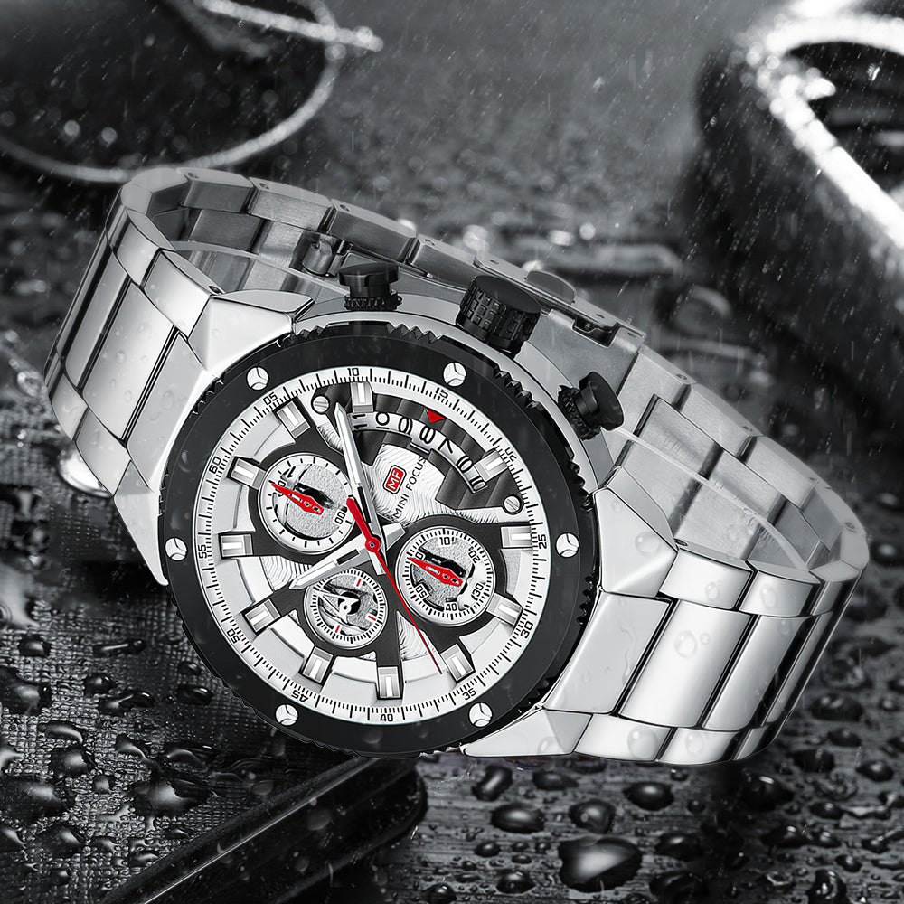 Mini Focus MF0397G.01 Exquisite Skeleton Chronograph – Silver Open-Heart Dial with Scarlet Accents & Steel Majesty