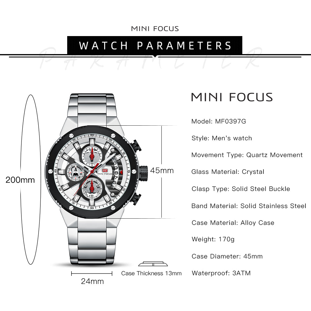 Mini Focus MF0397G.01 Exquisite Skeleton Chronograph – Silver Open-Heart Dial with Scarlet Accents & Steel Majesty