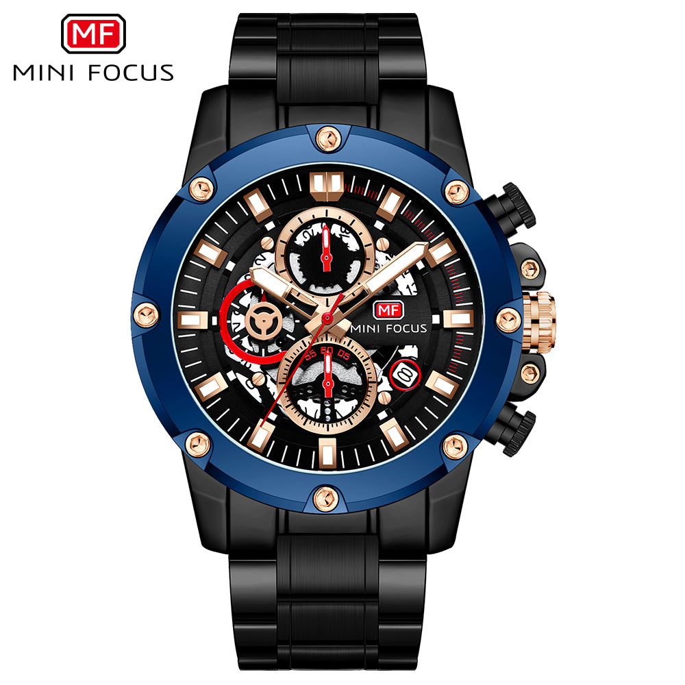 Mini Focus MF0398G.01 Performance Chronograph with Exposed Mechanics Blue Bezel Watch for Men