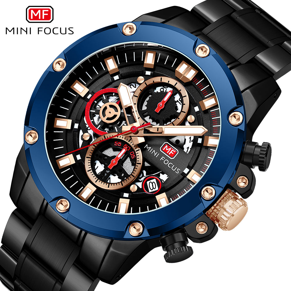 Mini Focus MF0398G.01 Performance Chronograph with Exposed Mechanics Blue Bezel Watch for Men