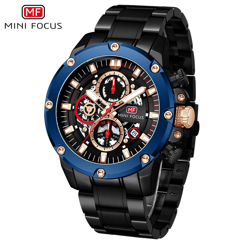 Mini Focus MF0398G.01 Performance Chronograph with Exposed Mechanics Blue Bezel Watch for Men