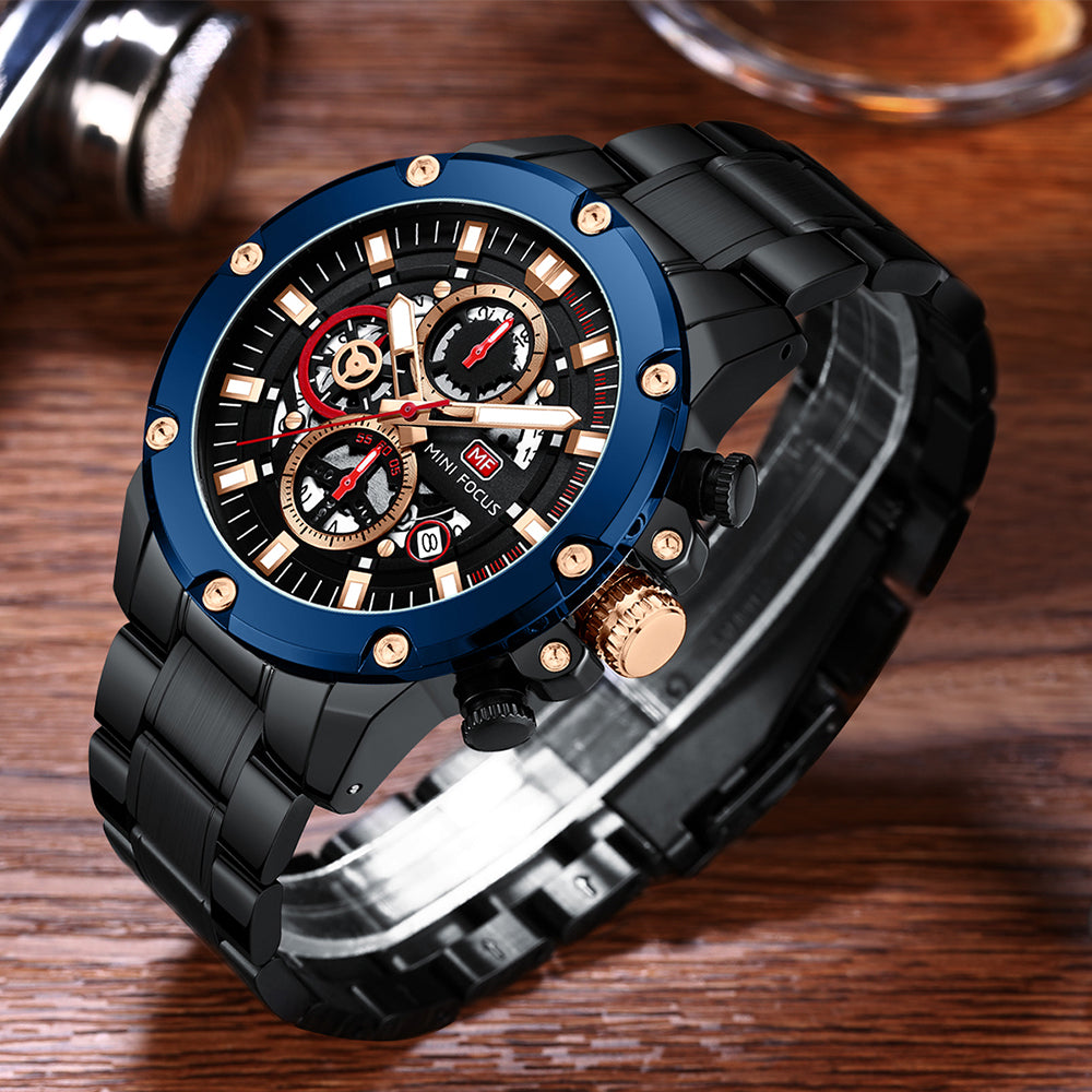 Mini Focus MF0398G.01 Performance Chronograph with Exposed Mechanics Blue Bezel Watch for Men