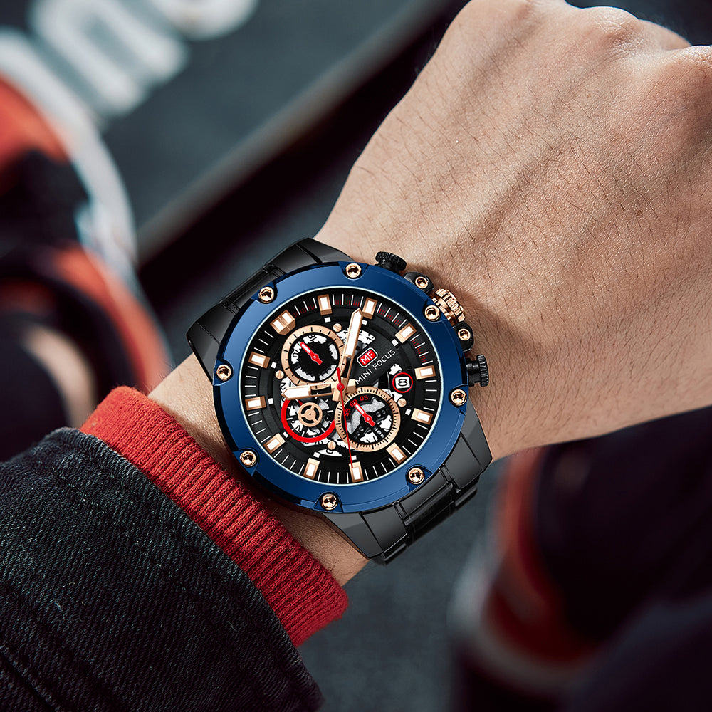 Mini Focus MF0398G.01 Performance Chronograph with Exposed Mechanics Blue Bezel Watch for Men