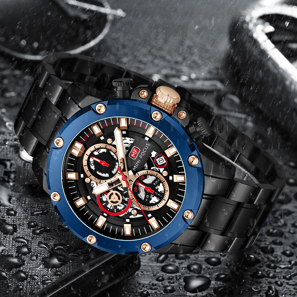 Mini Focus MF0398G.01 Performance Chronograph with Exposed Mechanics Blue Bezel Watch for Men