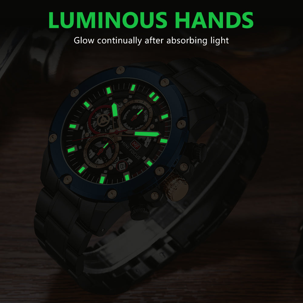 Mini Focus MF0398G.01 Performance Chronograph with Exposed Mechanics Blue Bezel Watch for Men