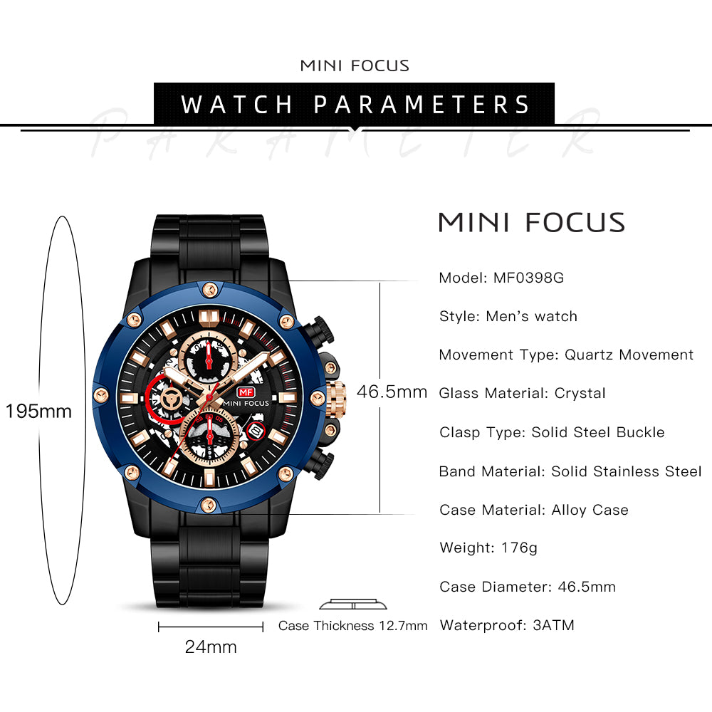 Mini Focus MF0398G.01 Performance Chronograph with Exposed Mechanics Blue Bezel Watch for Men
