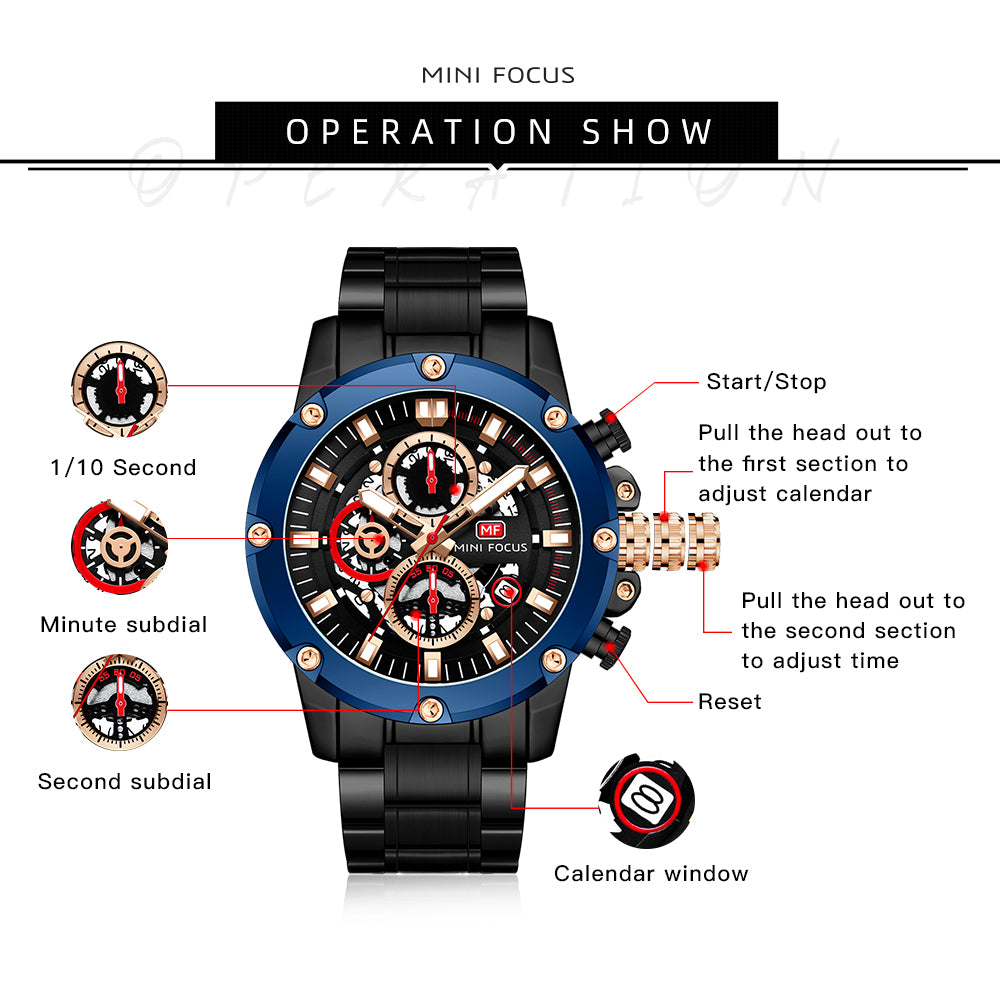 Mini Focus MF0398G.01 Performance Chronograph with Exposed Mechanics Blue Bezel Watch for Men