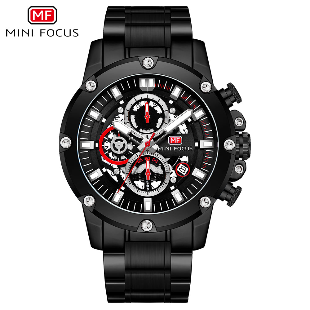 Mini Focus MF0398G.04 Performance Chronograph with Exposed Mechanics Black Watch for Men