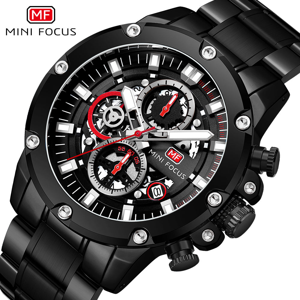Mini Focus MF0398G.04 Performance Chronograph with Exposed Mechanics Black Watch for Men