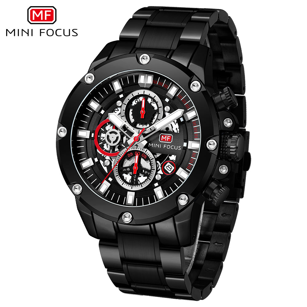 Mini Focus MF0398G.04 Performance Chronograph with Exposed Mechanics Black Watch for Men