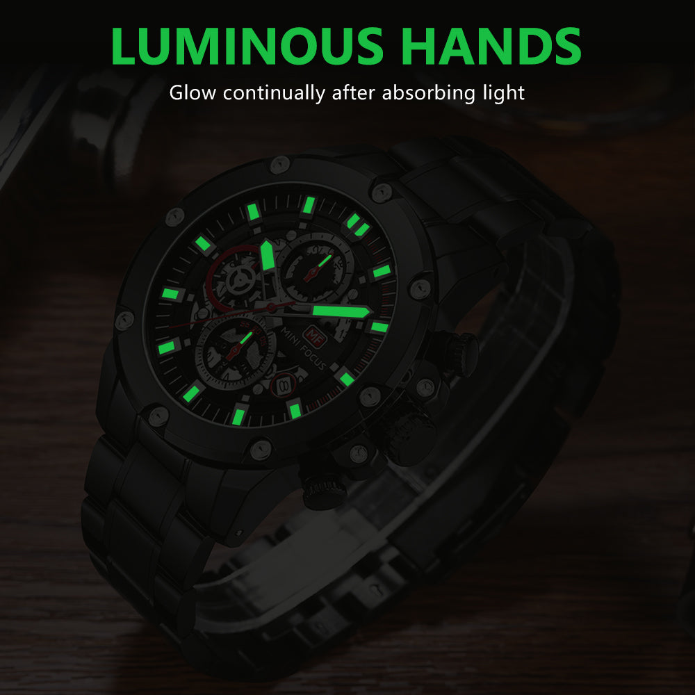 Mini Focus MF0398G.04 Performance Chronograph with Exposed Mechanics Black Watch for Men