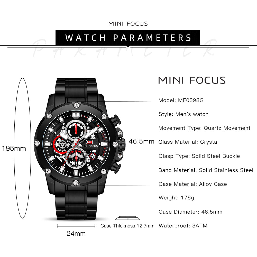 Mini Focus MF0398G.04 Performance Chronograph with Exposed Mechanics Black Watch for Men