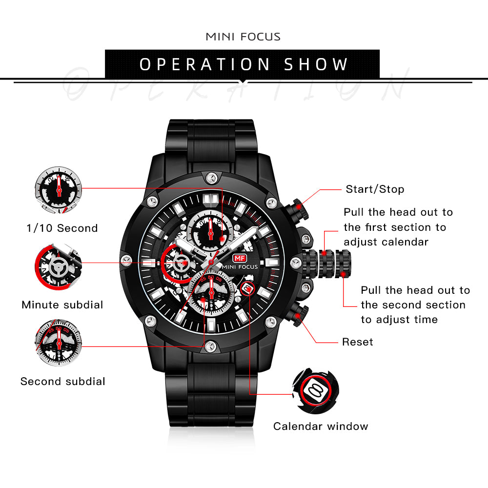 Mini Focus MF0398G.04 Performance Chronograph with Exposed Mechanics Black Watch for Men