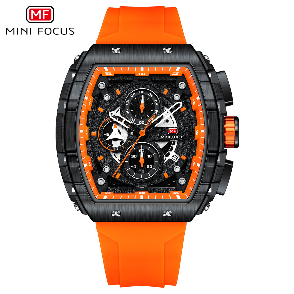 Mini Focus MF0399G.01 Apex Black Chronograph Sports Watch – Fiery Orange Rubber & Tactical Carbon Bezel