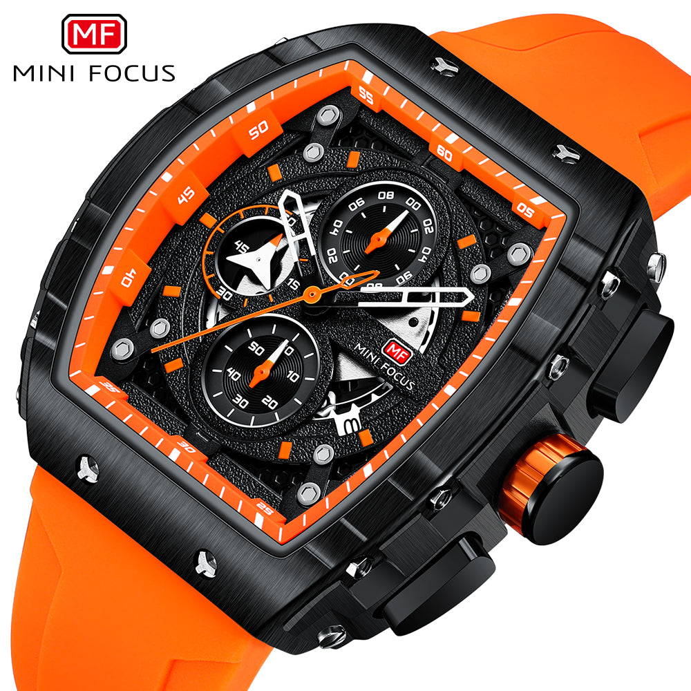 Mini Focus MF0399G.01 Apex Black Chronograph Sports Watch – Fiery Orange Rubber & Tactical Carbon Bezel