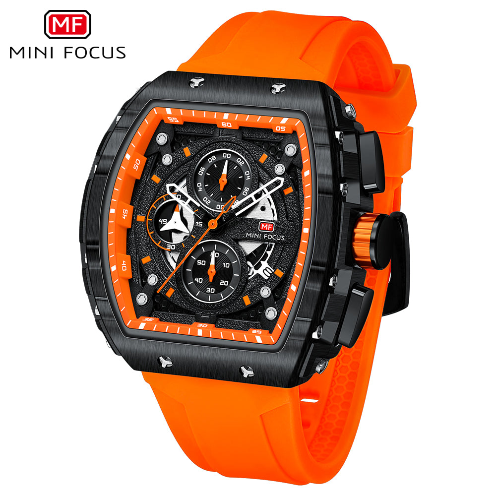 Mini Focus MF0399G.01 Apex Black Chronograph Sports Watch – Fiery Orange Rubber & Tactical Carbon Bezel