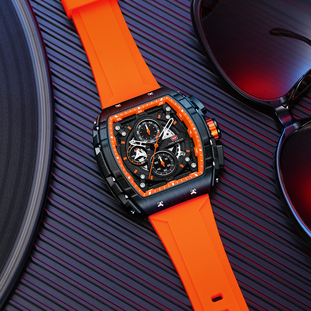 Mini Focus MF0399G.01 Apex Black Chronograph Sports Watch – Fiery Orange Rubber & Tactical Carbon Bezel