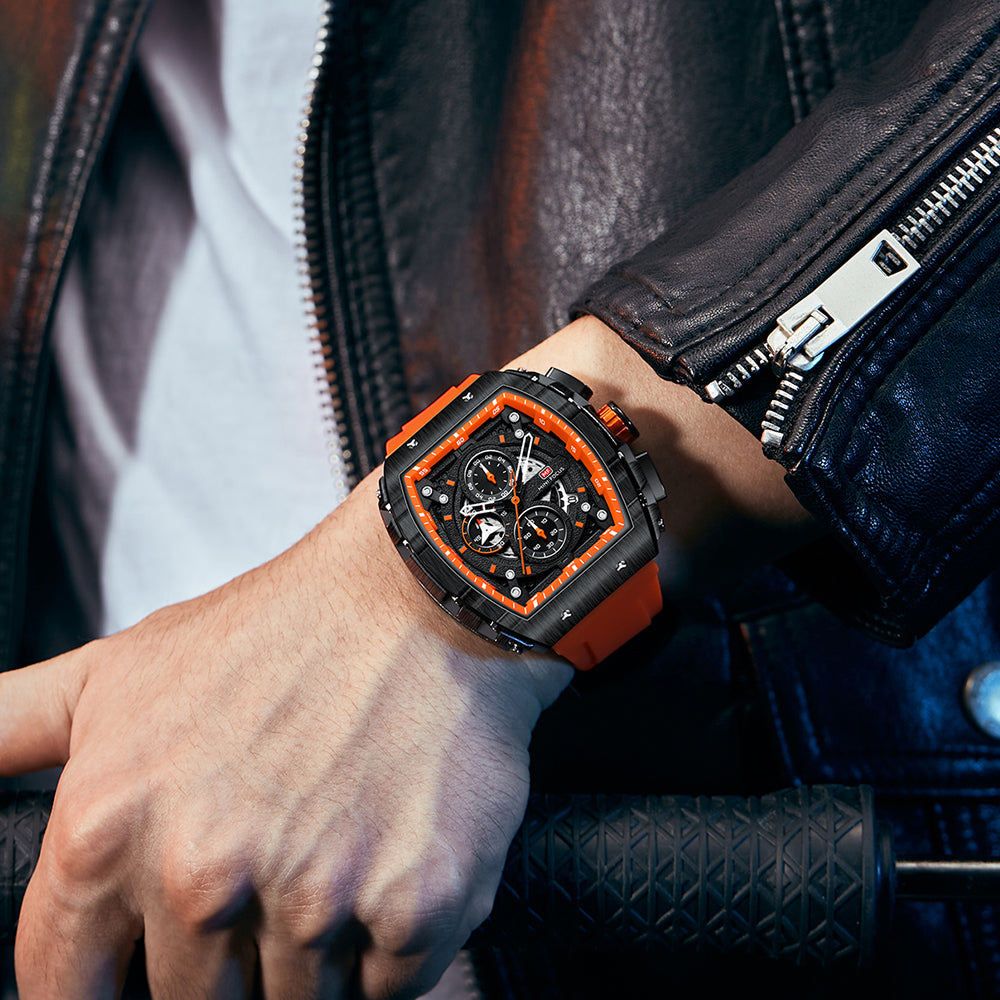 Mini Focus MF0399G.01 Apex Black Chronograph Sports Watch – Fiery Orange Rubber & Tactical Carbon Bezel