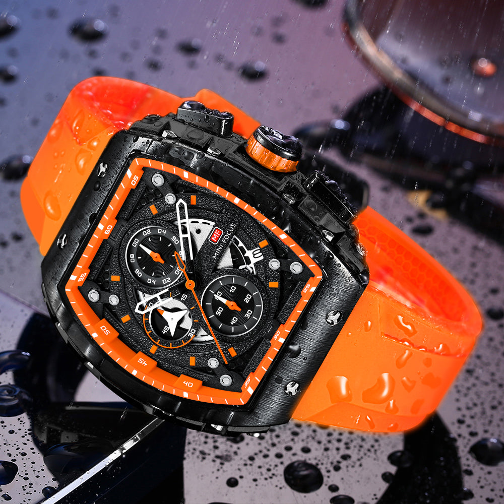 Mini Focus MF0399G.01 Apex Black Chronograph Sports Watch – Fiery Orange Rubber & Tactical Carbon Bezel