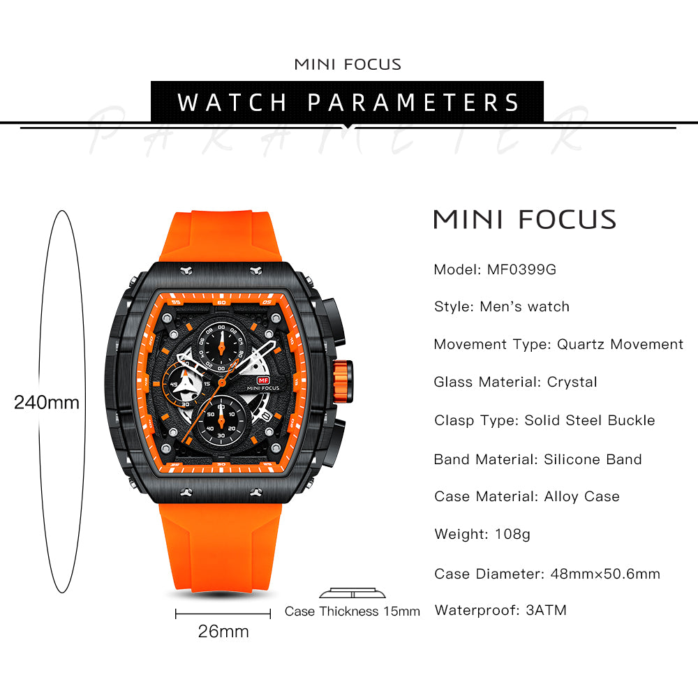 Mini Focus MF0399G.01 Apex Black Chronograph Sports Watch – Fiery Orange Rubber & Tactical Carbon Bezel