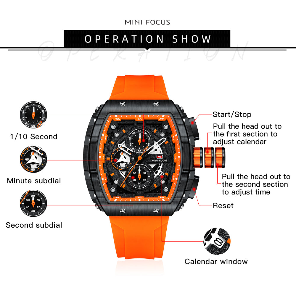 Mini Focus MF0399G.01 Apex Black Chronograph Sports Watch – Fiery Orange Rubber & Tactical Carbon Bezel