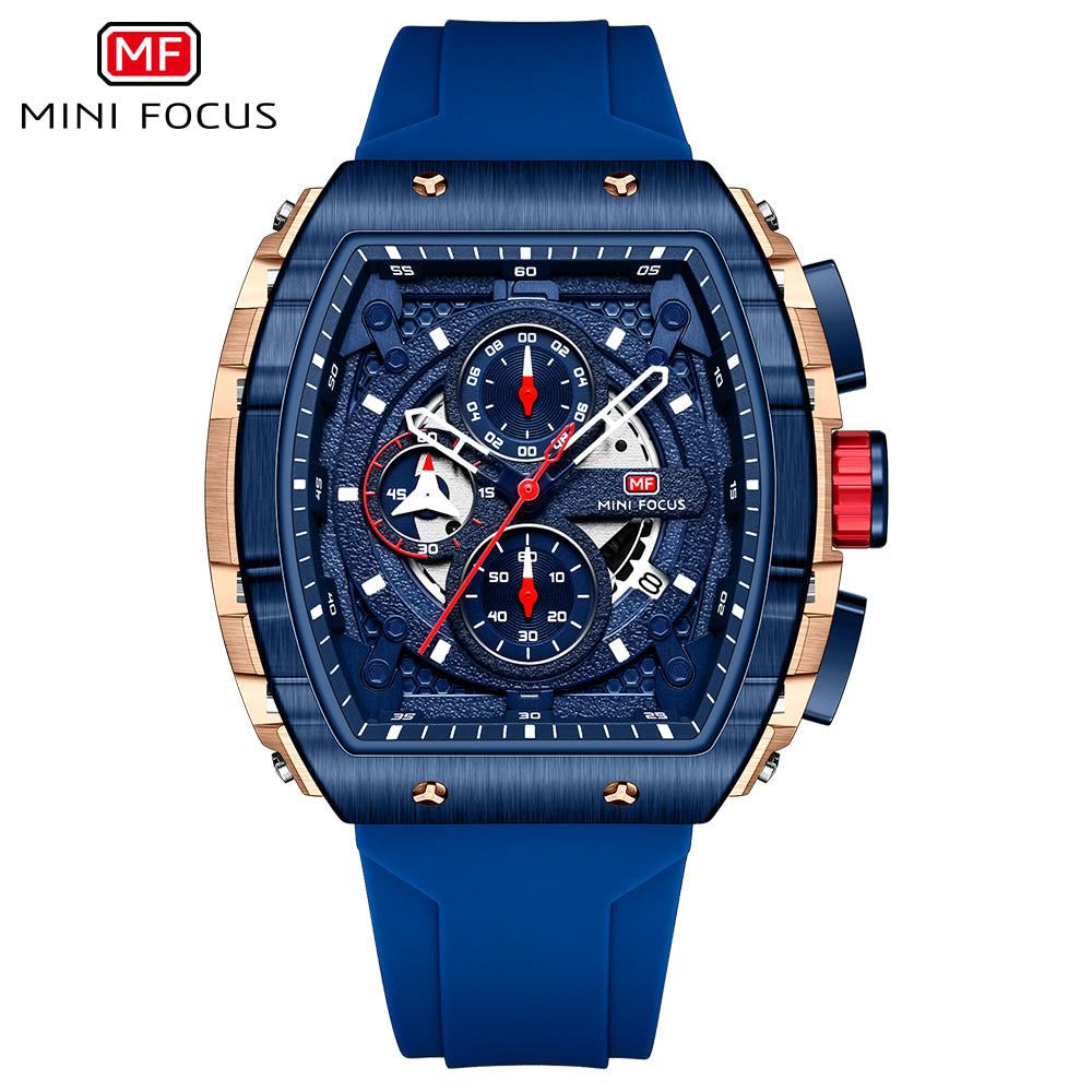 Mini Focus MF0399G.02 Elite Navy Chronograph Sports Watch – Rose Gold Precision & Vibrant Blue Silicon Belt