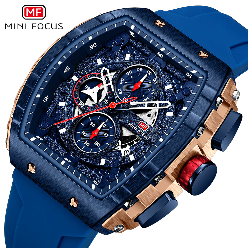 Mini Focus MF0399G.02 Elite Navy Chronograph Sports Watch – Rose Gold Precision & Vibrant Blue Silicon Belt