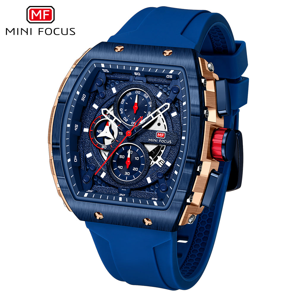 Mini Focus MF0399G.02 Elite Navy Chronograph Sports Watch – Rose Gold Precision & Vibrant Blue Silicon Belt