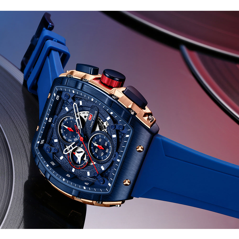 Mini Focus MF0399G.02 Elite Navy Chronograph Sports Watch – Rose Gold Precision & Vibrant Blue Silicon Belt