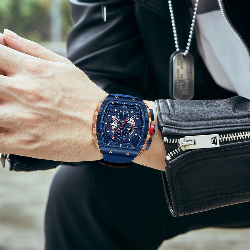 Mini Focus MF0399G.02 Elite Navy Chronograph Sports Watch – Rose Gold Precision & Vibrant Blue Silicon Belt