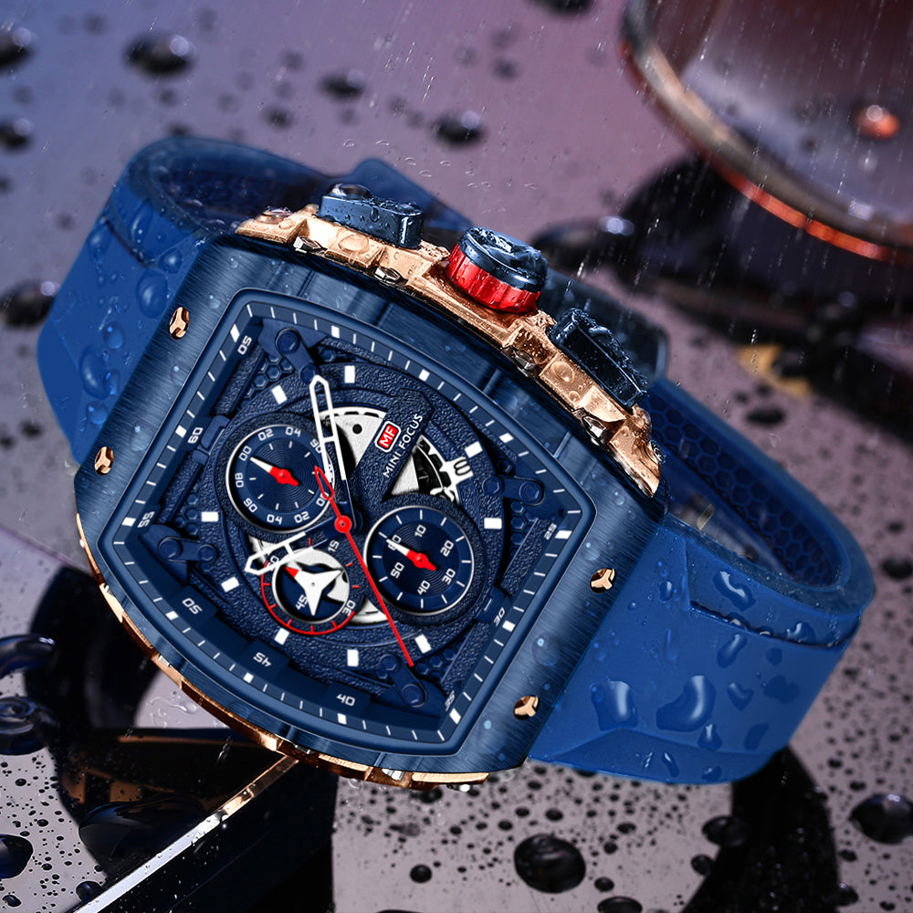 Mini Focus MF0399G.02 Elite Navy Chronograph Sports Watch – Rose Gold Precision & Vibrant Blue Silicon Belt