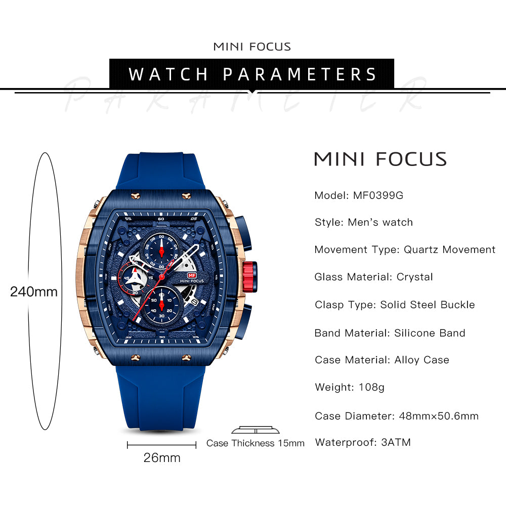 Mini Focus MF0399G.02 Elite Navy Chronograph Sports Watch – Rose Gold Precision & Vibrant Blue Silicon Belt
