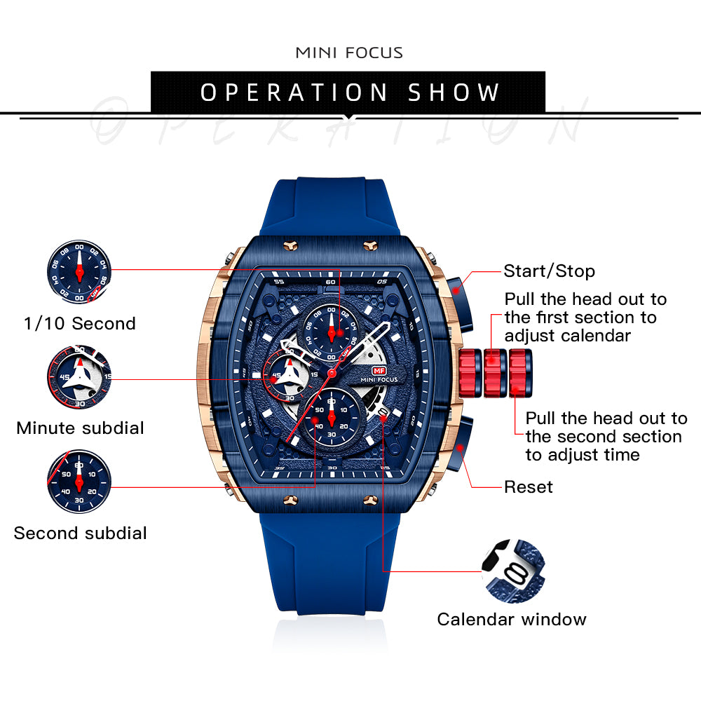 Mini Focus MF0399G.02 Elite Navy Chronograph Sports Watch – Rose Gold Precision & Vibrant Blue Silicon Belt