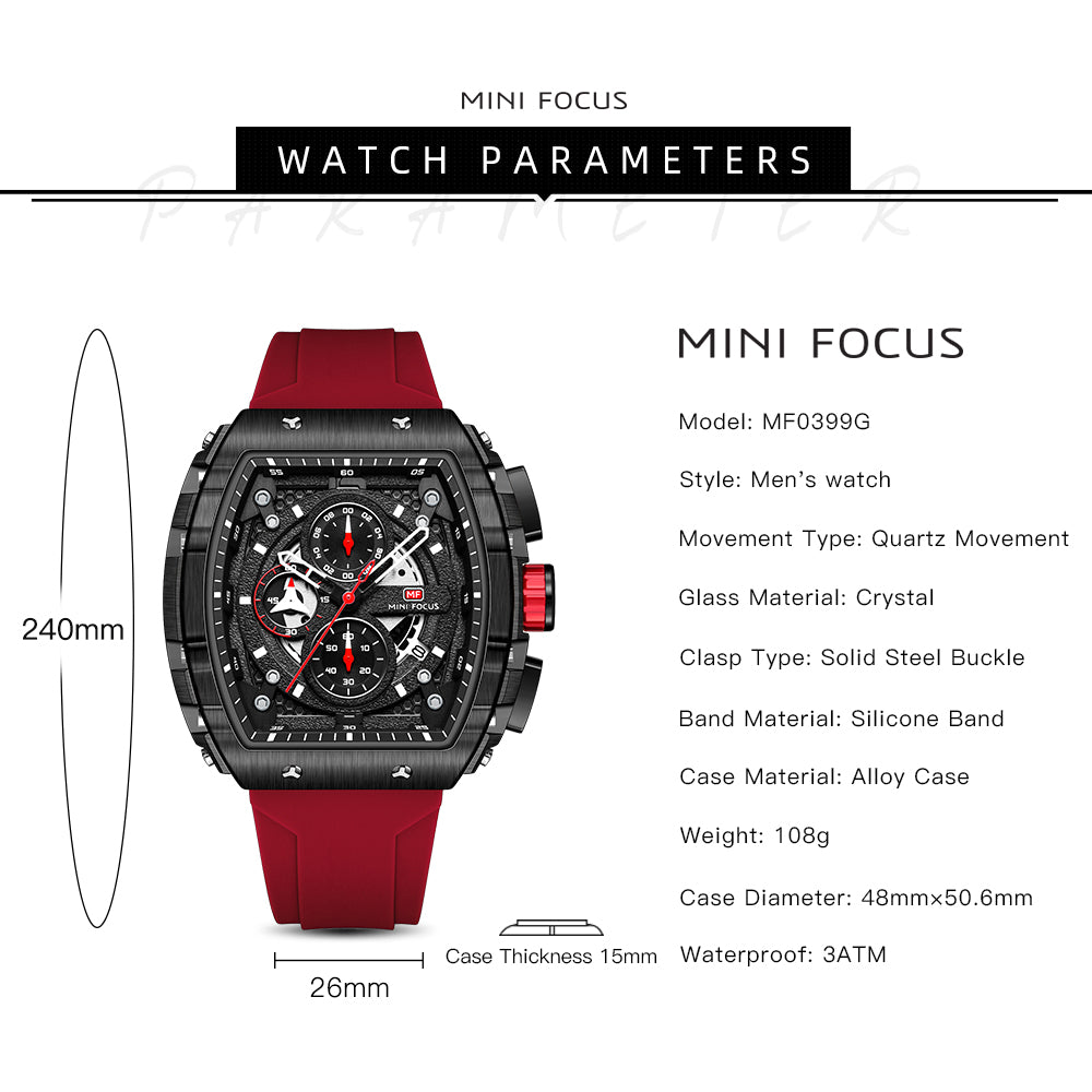 Mini Focus MF0399G.04 Inferno Black Chronograph Sports Watch – Rose Gold Fury & Crimson Red Power