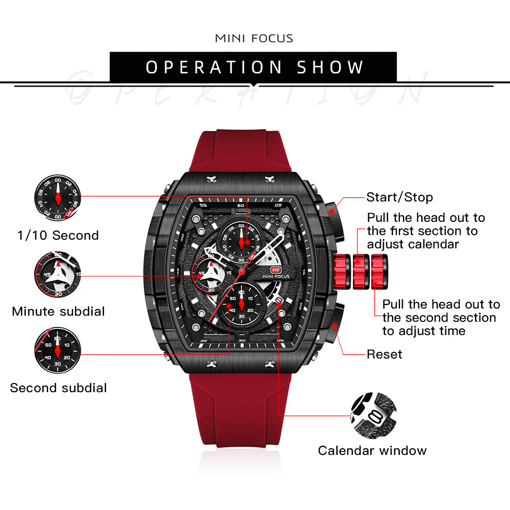 Mini Focus MF0399G.04 Inferno Black Chronograph Sports Watch – Rose Gold Fury & Crimson Red Power