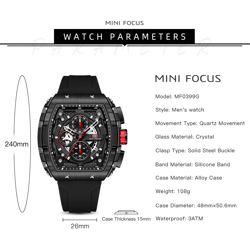 Mini Focus MF0399G.05 Apex Chronograph Black Watch Square Shaped with Date Display for Men