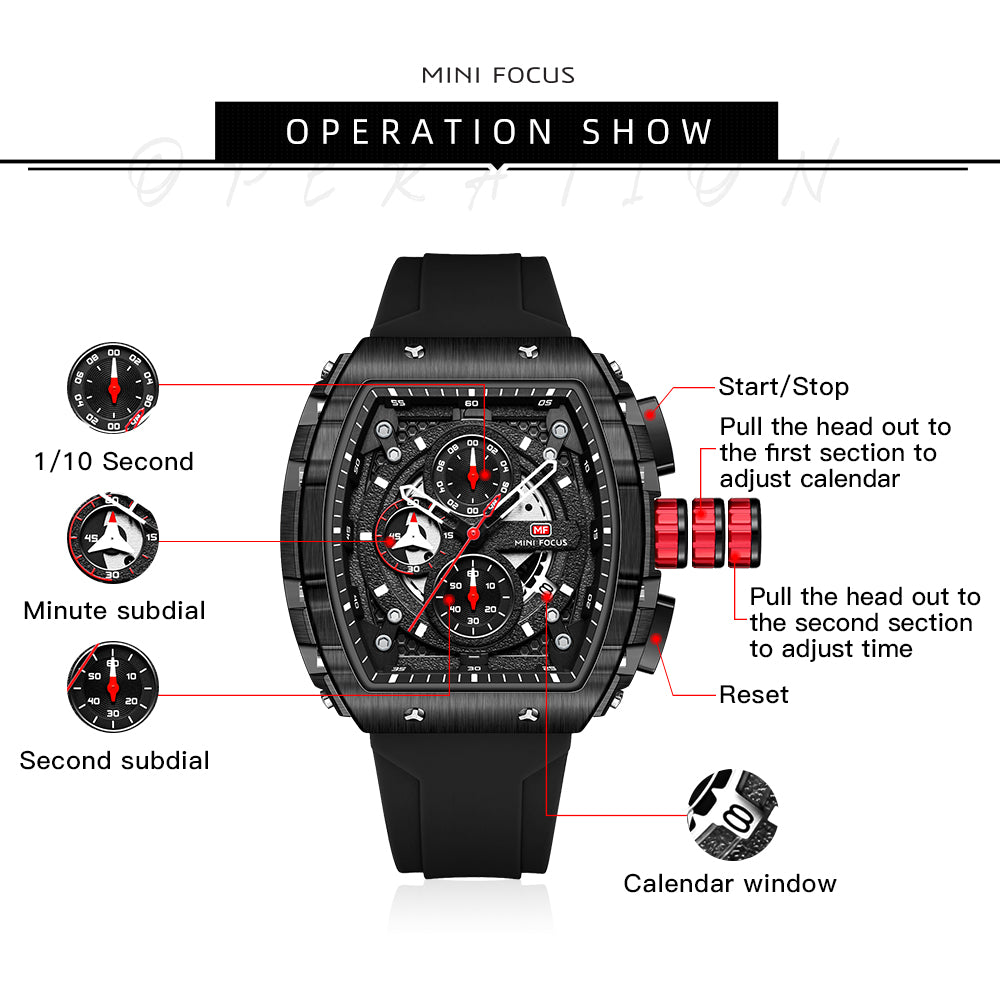 Mini Focus MF0399G.05 Apex Chronograph Black Watch Square Shaped with Date Display for Men