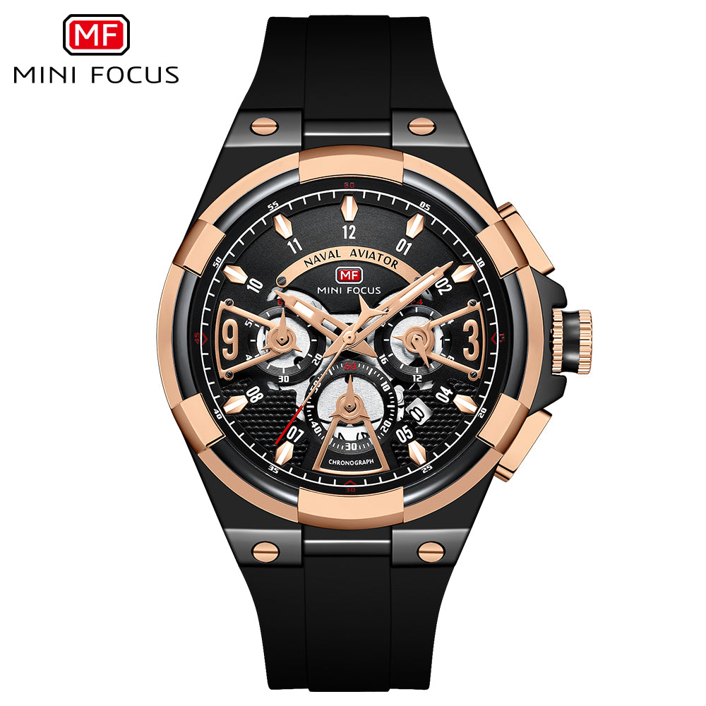 Mini Focus MF0402G.01 Elite Naval Aviator Chronograph – Rose Gold Precision & Stealth Black Silicone