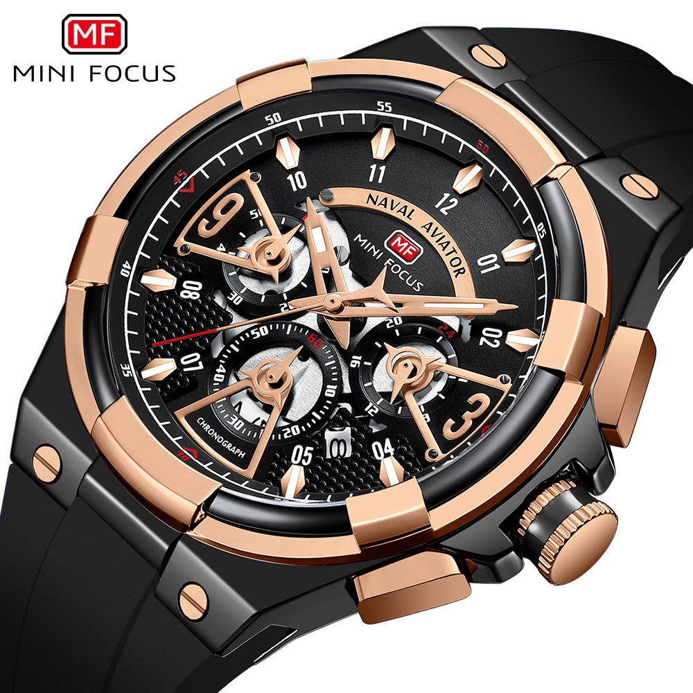 Mini Focus MF0402G.01 Elite Naval Aviator Chronograph – Rose Gold Precision & Stealth Black Silicone