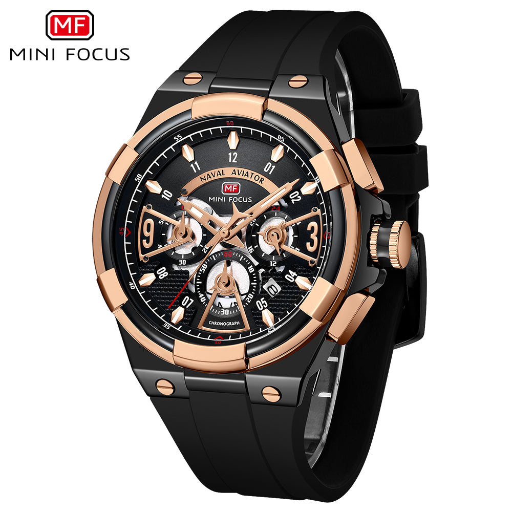 Mini Focus MF0402G.01 Elite Naval Aviator Chronograph – Rose Gold Precision & Stealth Black Silicone