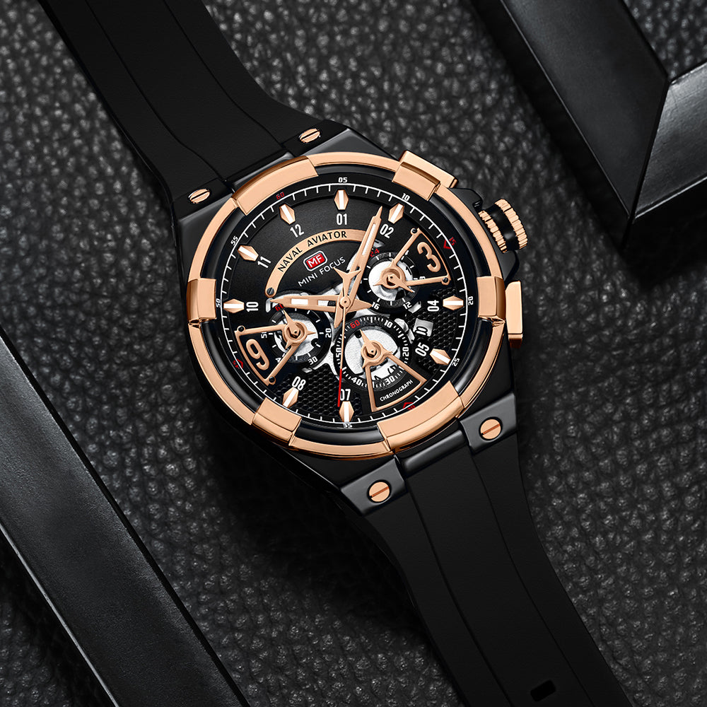 Mini Focus MF0402G.01 Elite Naval Aviator Chronograph – Rose Gold Precision & Stealth Black Silicone
