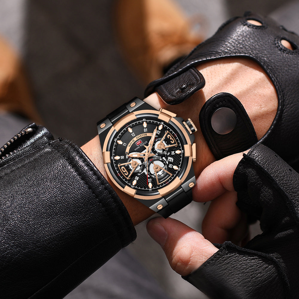 Mini Focus MF0402G.01 Elite Naval Aviator Chronograph – Rose Gold Precision & Stealth Black Silicone