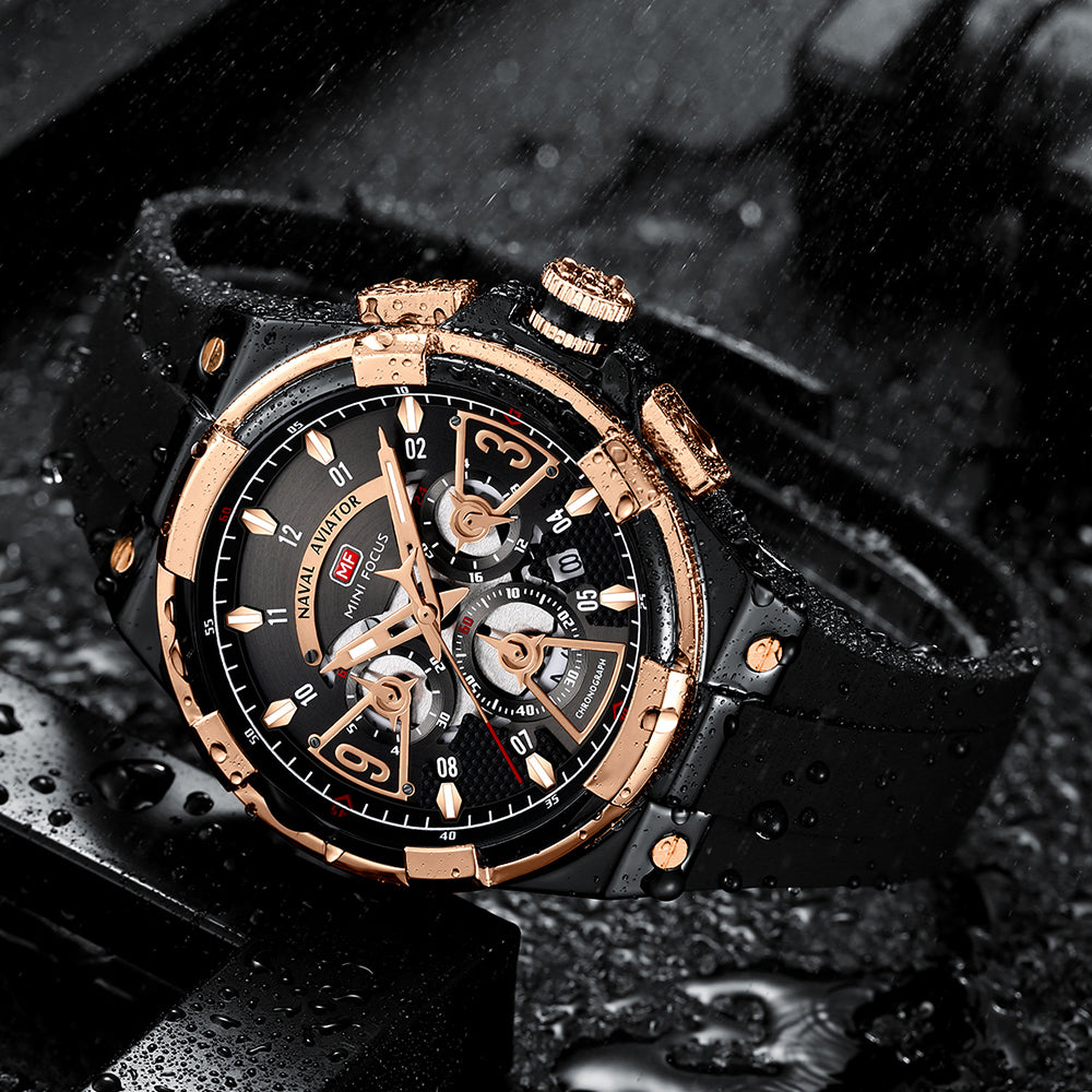 Mini Focus MF0402G.01 Elite Naval Aviator Chronograph – Rose Gold Precision & Stealth Black Silicone