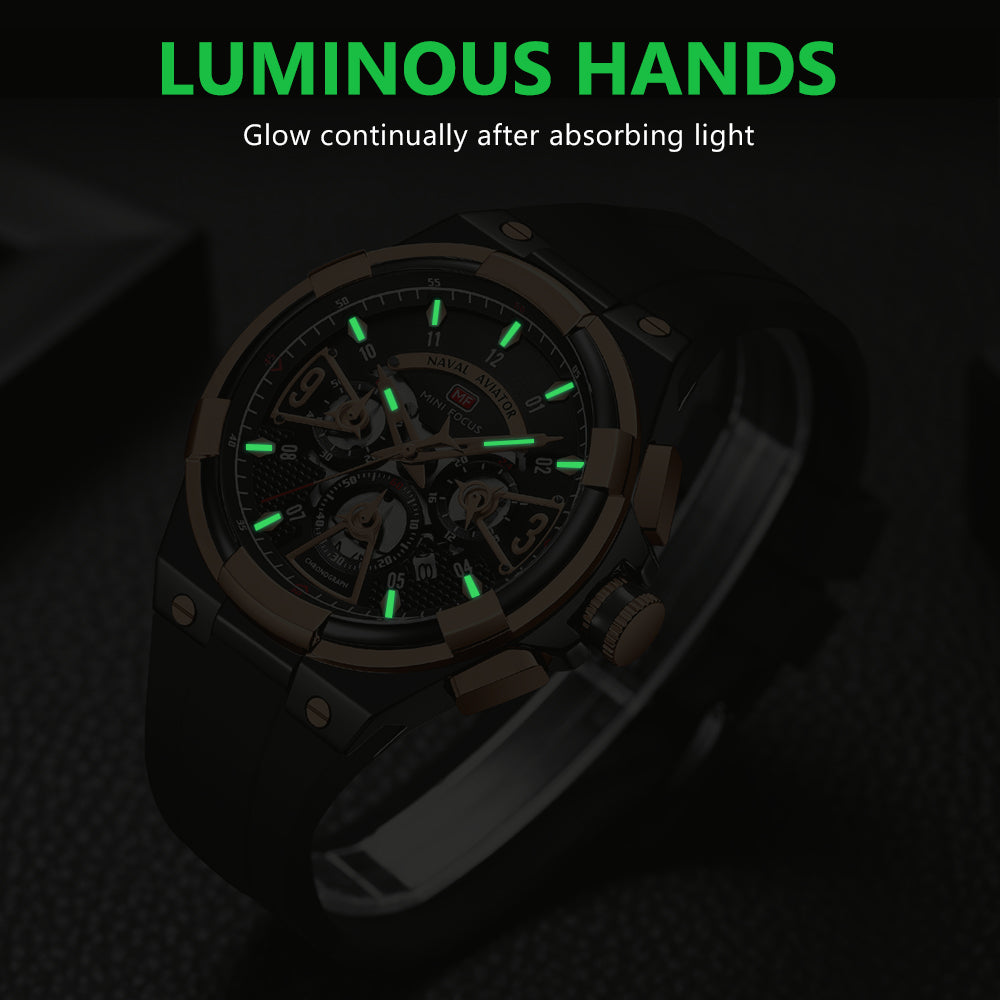 Mini Focus MF0402G.01 Elite Naval Aviator Chronograph – Rose Gold Precision & Stealth Black Silicone