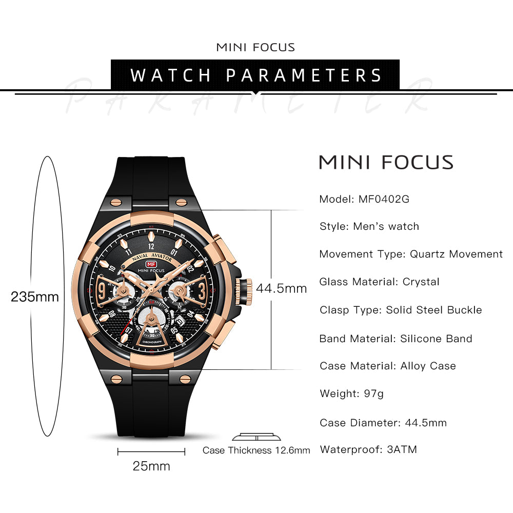 Mini Focus MF0402G.01 Elite Naval Aviator Chronograph – Rose Gold Precision & Stealth Black Silicone