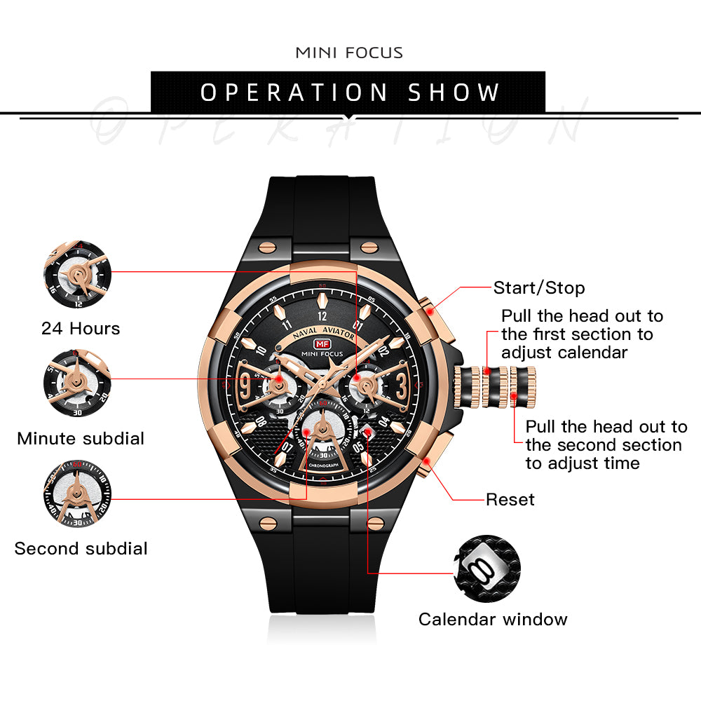 Mini Focus MF0402G.01 Elite Naval Aviator Chronograph – Rose Gold Precision & Stealth Black Silicone