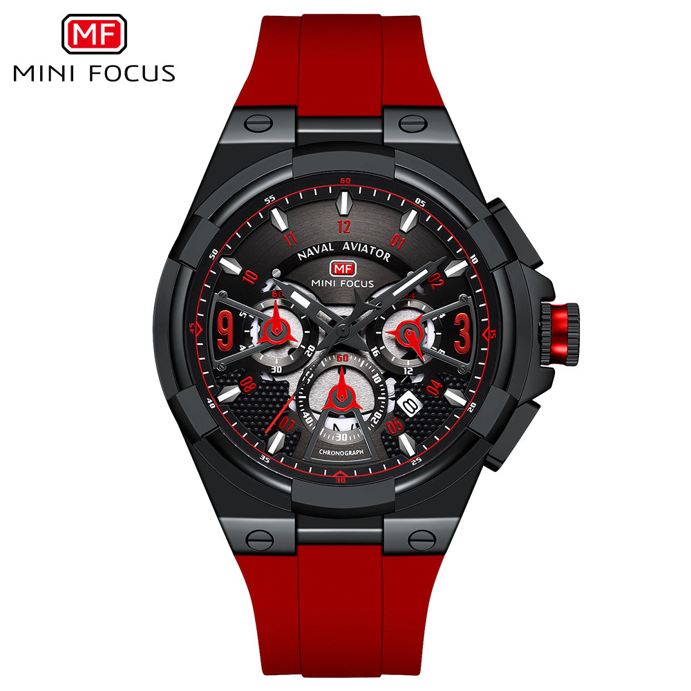 Mini Focus MF0402G.04 Elite Naval Aviator Chronograph – Rose Gold Precision & Crimson Blaze Silicone