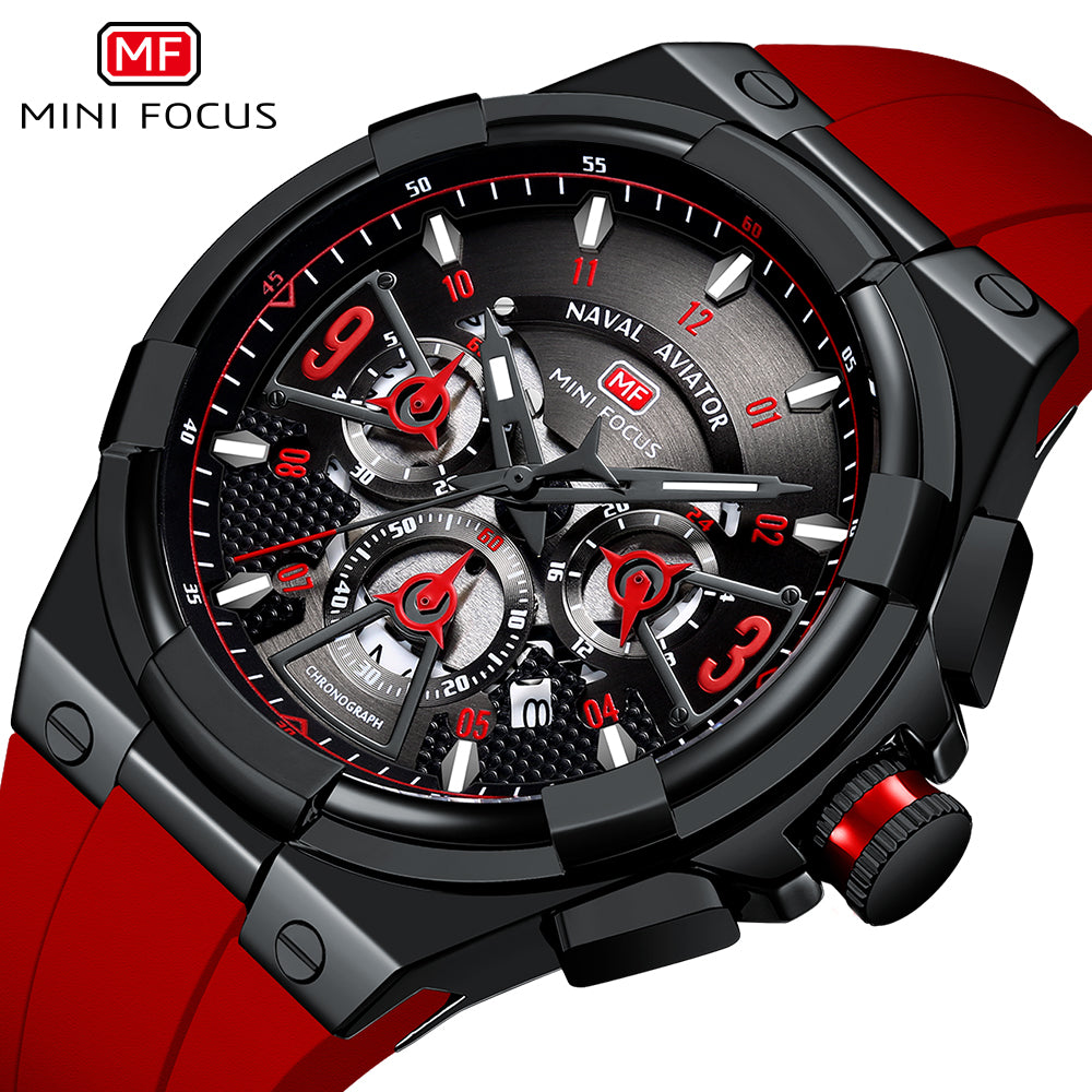 Mini Focus MF0402G.04 Elite Naval Aviator Chronograph – Rose Gold Precision & Crimson Blaze Silicone