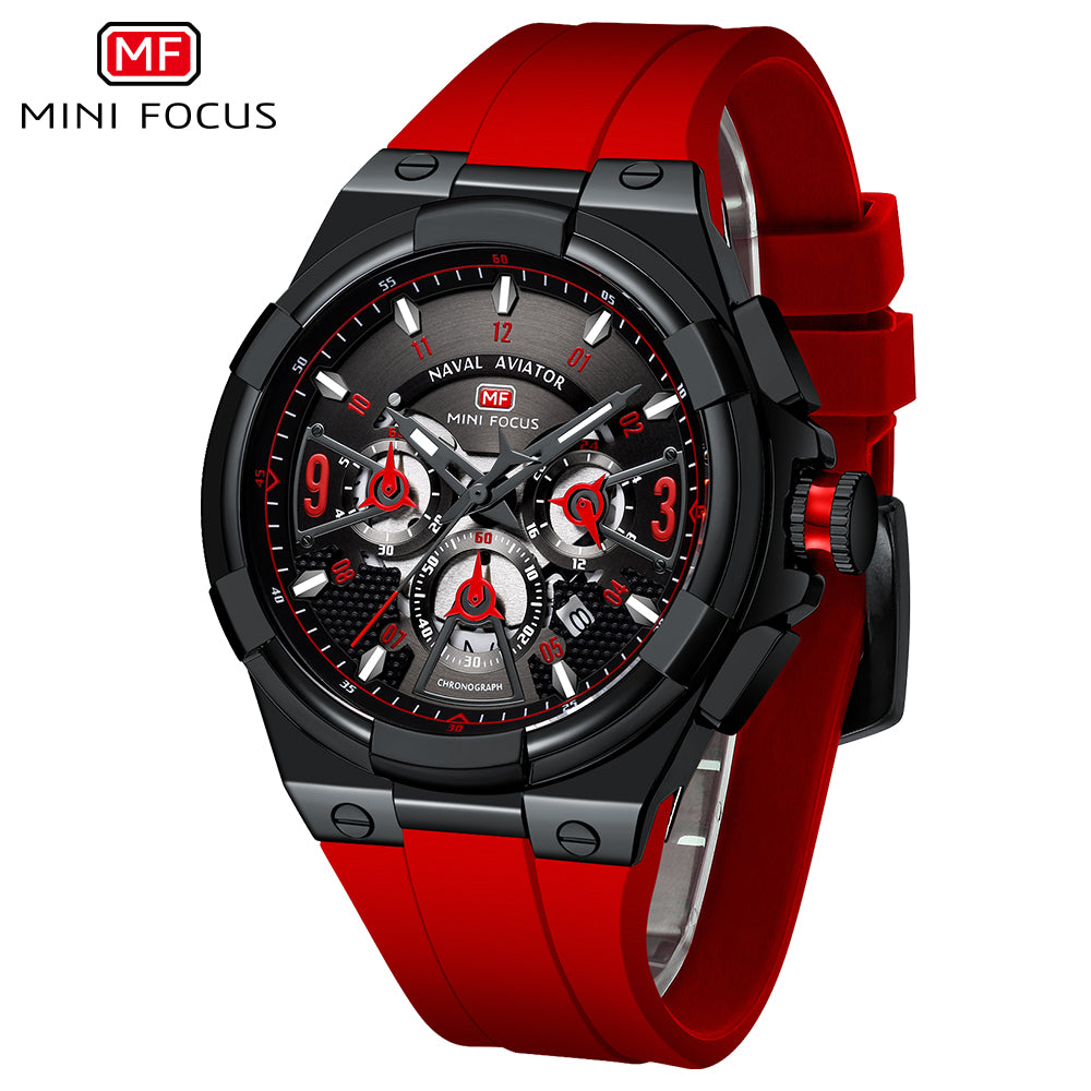 Mini Focus MF0402G.04 Elite Naval Aviator Chronograph – Rose Gold Precision & Crimson Blaze Silicone